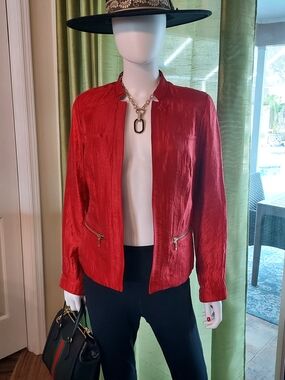 Chico's Shimmery Red Open-Front Crinkled Rayon Jacket with Zip Pockets. (0) Sz 4